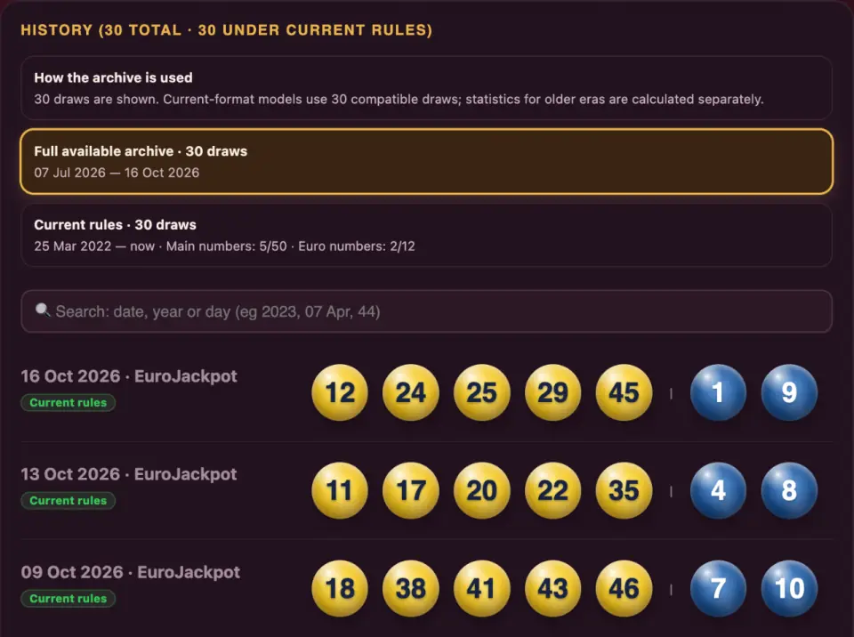 Historial de Eurojackpot con la ficha de la época de reglas actual y los sorteos marcados con su versión de reglas